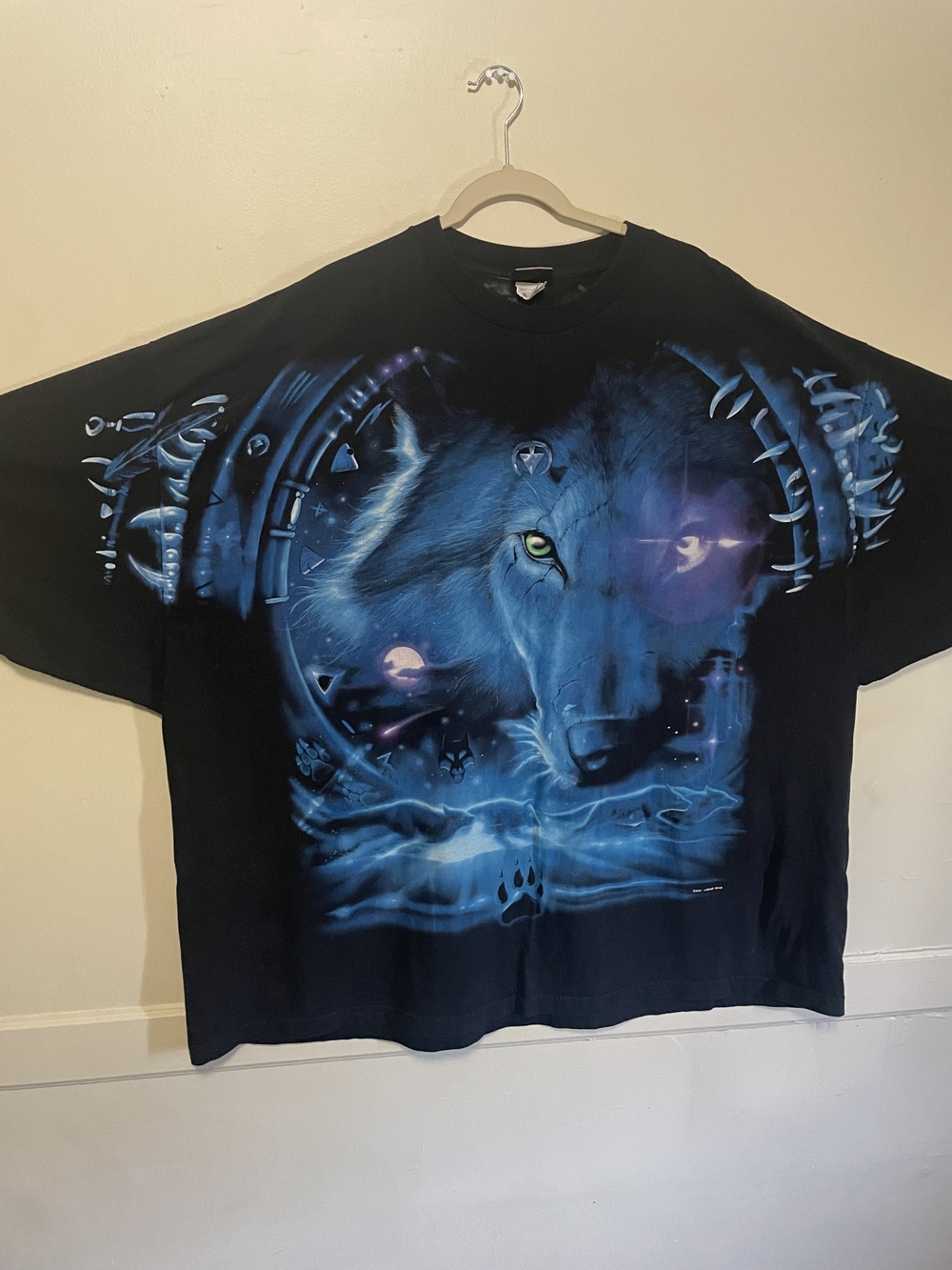 Liquid Blue Black Tee with Electric Blue Wolf Graphic